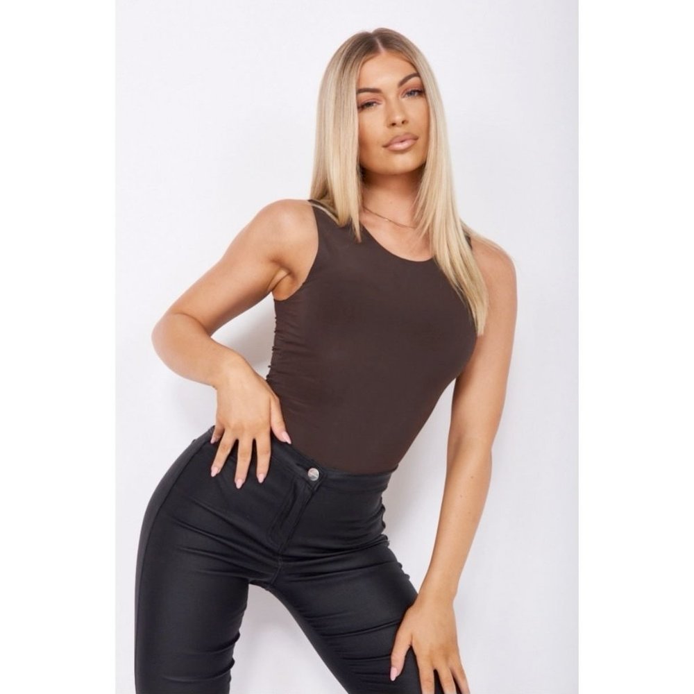 Brown Sleeveless Bodycon Bodysuit Top Leotard - Picture 4 of 10